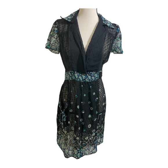 Anna Sui womens silk sheer floral wrap dress. Front pocket Swiss dot size2 - Picture 9 of 13